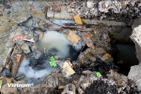 Nước thải làng nghề sản xuất giấy Phong Khê "bức tử" môi trường. (Ảnh: Hùng Võ/Vietnam+)