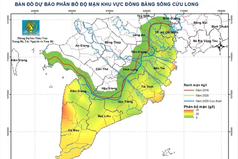 Bản đồ dự báo phân bố độ mặn khu vực Đồng bằng sông Cửu Long. (Nguồn: Trung tâm Dự báo Khí tượng thủy văn quốc gia)