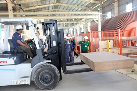Vận chuyển gỗ thành phẩm tại Nhà máy chế biến gỗ MDF Kiên Giang. (Ảnh: Lê Sen/TTXVN)