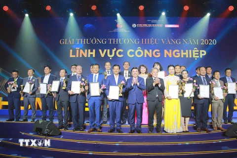 Đại diện các doanh nghiệp nhận Giải thưởng Thương hiệu vàng Tp. Hồ Chí Minh trong lĩnh vực công nghiệp. (Ảnh: Mỹ Phương/TTXVN)
