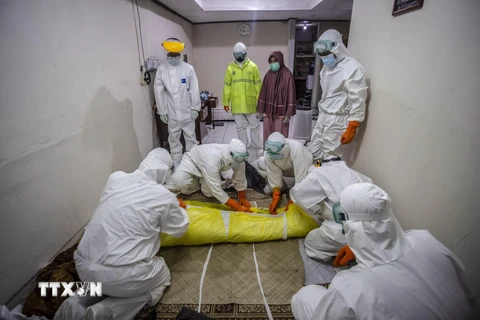 Nhân viên y tế chuyển thi thể bệnh nhân tử vong do COVID-19 tại Bogor, Tây Java, Indonesia, ngày 6/7/2021. (Ảnh: AFP/TTXVN)