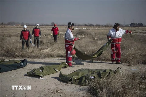 Nhân viên cứu hộ làm nhiệm vụ tại hiện trường vụ máy bay của hãng hàng không Ukraine International Airlines rơi ở Tehran, Iran ngày 8/1/2020. (Ảnh: THX/TTXVN)