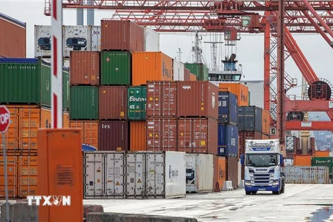 Hoạt động bốc dỡ container hàng hóa tại cảng ở Dublin, Ireland. (Ảnh: AFP/TTXVN)