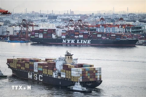 Tàu chở hàng cập cảng tại Tokyo, Nhật Bản. (Ảnh: AFP/TTXVN)