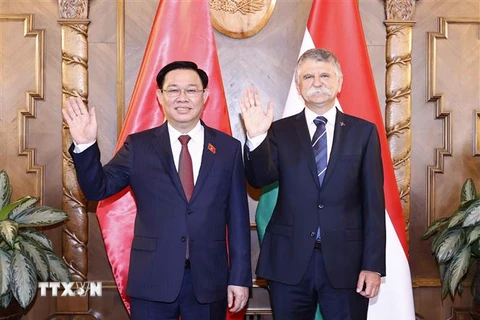 Chủ tịch Quốc hội Vương Đình Huệ và Chủ tịch Quốc hội Hungary László Kövér trước khi hội đàm. (Ảnh: Doãn Tấn/TTXVN)