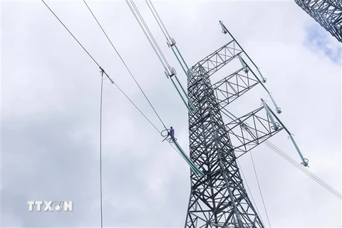 Thi công kéo dây lên trụ của tuyến đường dây 500kV mạch 3 đoạn qua Đà Nẵng tháng 11/2021. (Ảnh: Trần Lê Lâm/TTXVN)