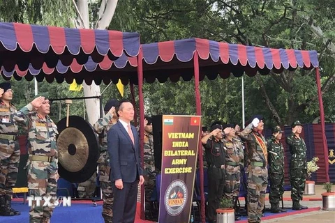 Đại sứ Việt Nam tại Ấn Độ Phạm Sanh Châu cùng các quan chức và binh sỹ hai nước Việt Nam, Ấn Độ chào cờ tại lễ khai mạc VINBAX-2022. (Ảnh: TTXVN phát)