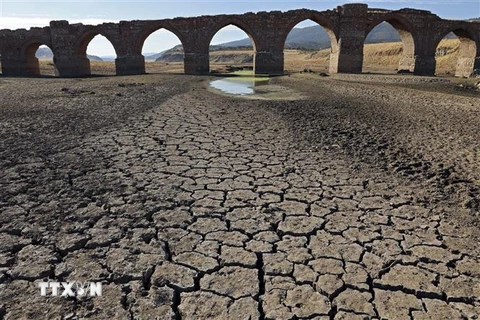 Đáy sông khô nứt nẻ do hạn hán kéo dài tại Villarta de los Montes, Tây Ban Nha ngày 16/8/2022. (Ảnh: AFP/TTXVN)
