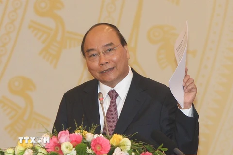 Thủ tướng Nguyễn Xuân Phúc phát biểu tại hội nghị. (Ảnh: Thanh Tùng/TTXVN)