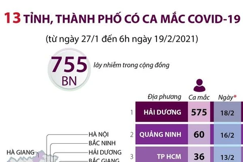 [Infographics] 13 tỉnh, thành phố của Việt Nam có ca mắc COVID-19 