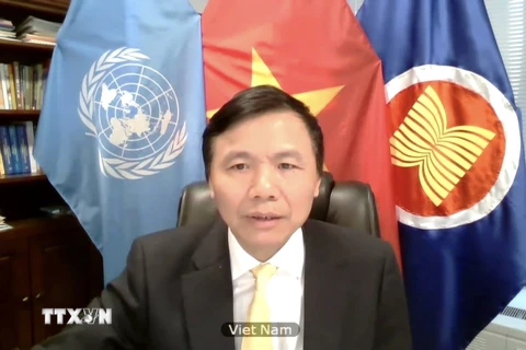 Đại sứ Đặng Đình Quý-Trưởng Phái đoàn đại diện thường trực Việt Nam tại Liên hợp quốc chủ trì và phát biểu tại phiên thảo luận. (Ảnh: Hữu Thanh/TTXVN)