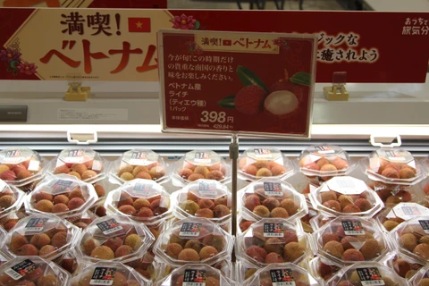 Vải thiều Việt Nam được bày bán tại siêu thị AEON Lake Town ở Saitama (Nhật Bản). (Ảnh: Đào Thanh Tùng/TTXVN)