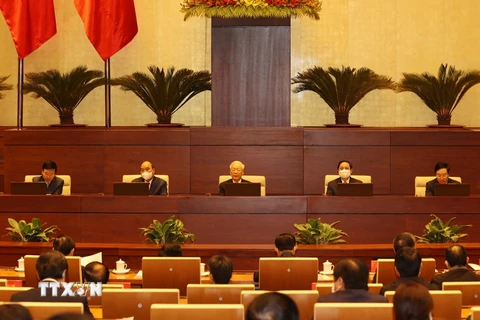 Tổng Bí thư Nguyễn Phú Trọng cùng các lãnh đạo Đảng, Nhà nước chủ trì hội nghị. (Ảnh: Trí Dũng/TTXVN) 