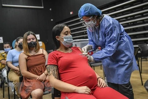 Nhân viên y tế tiêm vaccine ngừa COVID-19 của Pfizer-BioNTech cho phụ nữ mang thai tại Medellin, Colombia. (Ảnh: AFP/TXVN) 