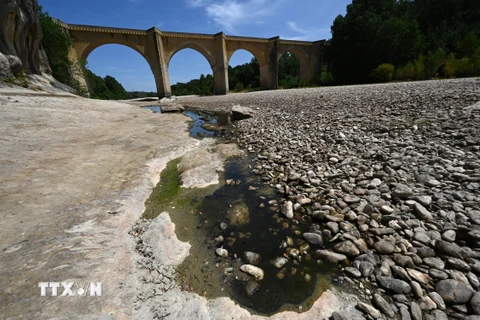 Lòng sông khô cạn do hạn hán tại Saint-Anastasie, miền nam nước Pháp. (Nguồn: AFP/TTXVN)