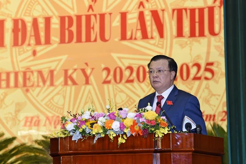 Bộ trưởng Bộ Tài chính Đinh Tiến Dũng phát biểu tại Đại hội Đảng bộ nhiệm kỳ 2020-2025, ngày 28/8. (Ảnh: BTC/Vietnam+)