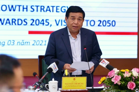 Bộ trưởng Bộ Kế hoạch và Đầu tư, Nguyễn Chí Dũng chủ trì cuộc họp tham vấn về xây dựng Chiến lược quốc gia về tăng trưởng xanh giai đoạn 2021-2030, tầm nhìn 2045, hướng tới 2050. (Ảnh: Vietnam+)