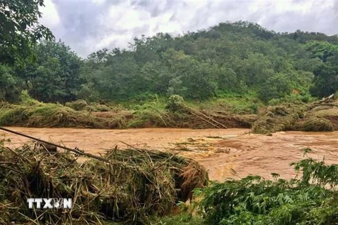 Mưa lớn liên tục trong những ngày qua đã gây thiệt hại nặng về cây trồng, hoa màu, nhà cửa, cầu dân sinh tại xã Phú Sơn, huyện Bù Đăng (Bình Phước). (Ảnh: K Gửi H/TTXVN)