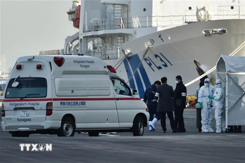 Lực lượng chức năng chuyển các bệnh nhân nhiễm virus corona chủng mới từ tàu du lịch Diamond Princess tới khu điều trị, tại cảng Yokohama. (Ảnh: AFP/TTXVN)