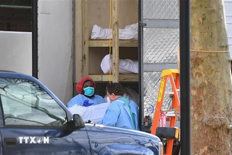Nhân viên y tế chuyển thi thể bệnh nhân COVID-19 từ một nhà xác dã chiến tới Trung tâm y tế Do thái Kingsbrook ở Brooklyn, New York, Mỹ. (Ảnh: AFP/TTXVN)