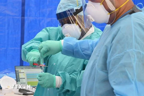Nhân viên y tế kiểm tra bộ kit xét nghiệm COVID-19 tại New York, Mỹ. (Ảnh: AFP/TTXVN)