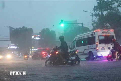 Các phương tiện tham gia giao thông gặp khó khăn do mưa lớn tại Nghệ An. (Ảnh: Nguyễn Oanh/TTXVN)