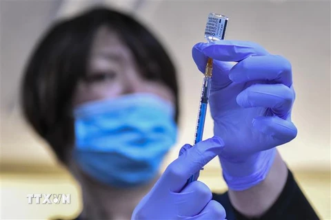 Nhân viên y tế chuẩn bị tiêm vaccine ngừa COVID-19 của Pfizer/BioNTech cho người dân tại Ichihara, tỉnh Chiba, Nhật Bản. (Ảnh: AFP/TTXVN)
