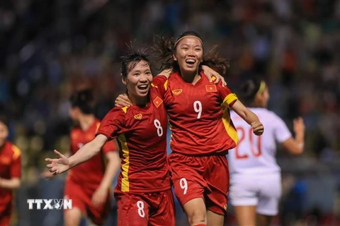 Đội tuyển bóng đá nữ quốc gia đã lần đầu tiên giành được vé tham dự World Cup 2023. (Ảnh: Hoàng Linh/TTXVN)
