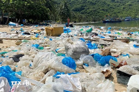 Khu vực bãi Chính của vịnh Vũng Rô thuộc xã Hòa Xuân Nam, thị xã Đông Hòa (Phú Yên) ngập tràn rác thải nhựa. (Ảnh: Tường Quân/TTXVN)