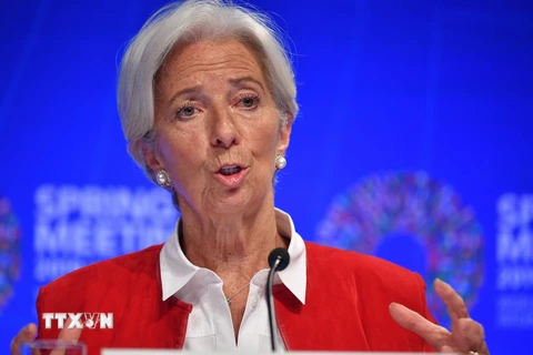 Tổng Giám đốc Quỹ Tiền tệ quốc tế (IMF) Christine Lagarde tại cuộc họp báo trong khuôn khổ Hội nghị mùa Xuân của IMF và WB tại Washington của Mỹ ngày 11/4. (Ảnh: AFP/TTXVN)