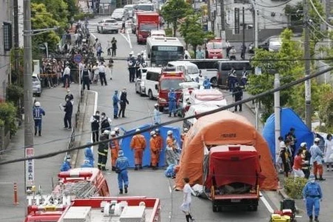 Hiện trường vụ tấn công bằng dao ở thành phố Kawasaki, Nhật Bản ngày 28/5. (Ảnh: Tokyo/TTXVN)