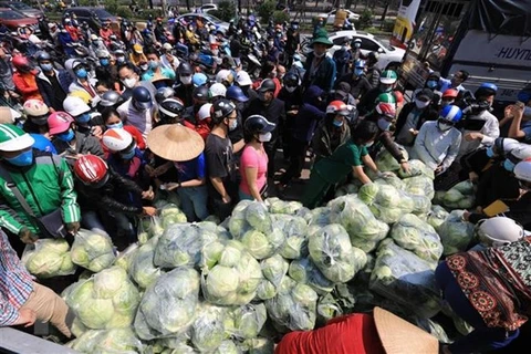 Người dân đội nắng nườm nượp đến mua ủng hộ nông sản Hải Dương trưa 21/2 tại 38 Giải Phóng (Hà Nội). (Ảnh: Thành Đạt/TTXVN)