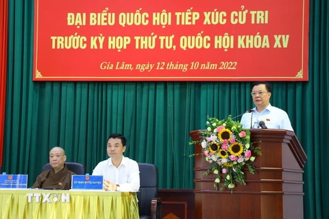 Bí thư Thành ủy Đinh Tiến Dũng phát biểu tại buổi tiếp xúc cử tri huyện Gia Lâm. (Ảnh: Văn Điệp/TTXVN)