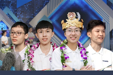Bốn nhà vô địch các cuộc thi quý cùng hội tụ trong vòng chung kết năm cuộc thi Đường lên đỉnh Olympia năm 2021. (Ảnh: CTV/Vietnam+)