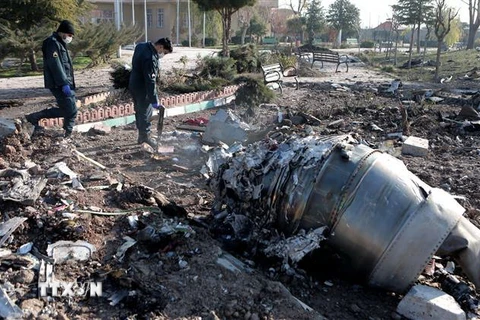 Hiện trường vụ rơi máy bay của Hãng hàng không quốc tế Ukraine tại Tehran, Iran, ngày 8/1/2020. (Nguồn: THX/TTXVN) 