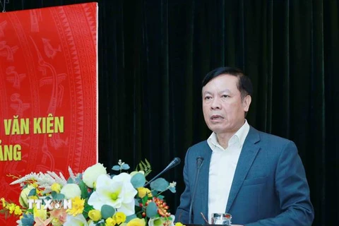 Phó Chủ tịch Hội đồng Lý luận Trung ương Phạm Văn Linh báo cáo chuyên đề tại hội nghị. (Ảnh: Phương Hoa/TTXVN) 