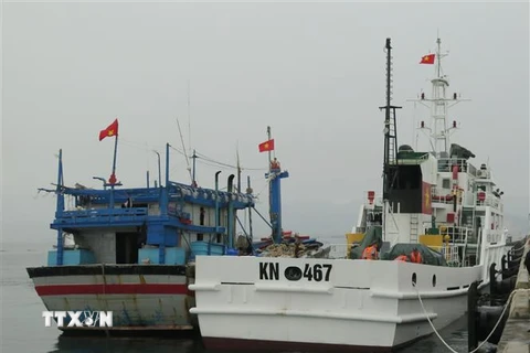 Tàu kiểm ngư 467 lai dắt tàu cá BĐ 98658 TS về Cảng Ba Ngòi, thành phố Cam Ranh, tỉnh Khánh Hòa. (Ảnh: Phan Sáu/TTXVN) 