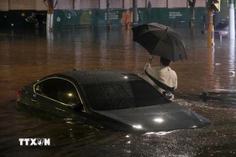 Các phương tiện chìm trong nước lũ do mưa lớn ở quận Gangnam, Seoul (Hàn Quốc) ngày 8/8/2022. (Ảnh: THX/TTXVN) 
