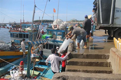 Ngư dân chuẩn bị đá lên tàu trước khi xuất bến ra khơi tại cảng cá Bến Lội-Bình Châu, Xuyên Mộc, Bà Rịa-Vũng Tàu. (Ảnh: Hoàng Nhị/TTXVN) 