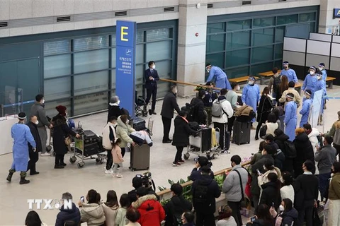 Nhân viên kiểm dịch hướng dẫn hành khách đến từ Trung Quốc tới khu vực xét nghiệm COVID-19 tại sân bay quốc tế Incheon, phía tây thủ đô Seoul, Hàn Quốc, ngày 2/1/2023. (Ảnh: Yonhap/TTXVN)