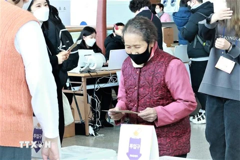 Cử tri cao tuổi Hàn Quốc tham gia bỏ phiếu bầu cử Tổng thống hồi năm 2022. (Ảnh: Khánh Vân/TTXVN)
