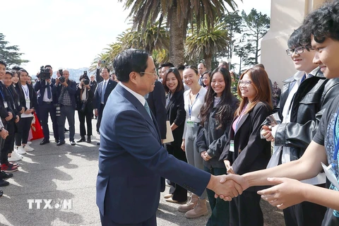 Sáng 18/9/2023 (giờ địa phương), tại San Francisco, bang California, Thủ tướng Phạm Minh Chính thăm Trường Đại học Tổng hợp San Francisco (USF), Hoa Kỳ. (Ảnh: Dương Giang/TTXVN)