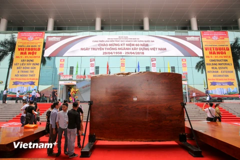 Chiếc sập gỗ này có chiều dài hơn 3,6m, rộng hơn 2,7m được cho là có cả ngàn năm tuổi được trưng bày ở một vị trí trang trọng trong triển lãm. (Ảnh: Minh Sơn/Vietnam+)