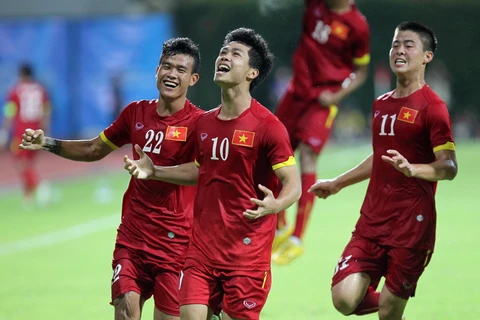 Tiền đạo Công Phượng ăn mừng sau khi ghi bàn thắng trong trận U23 Việt Nam-U23 Malaysia tại SEA Games 28. (Ảnh: Quốc Khánh/TTXVN)