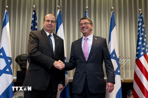 Bộ trưởng Quốc phòng Mỹ Ashton Carter (trái) hội đàm với người đồng nhiệm nước chủ nhà Moshe Yaalon tại Tel Aviv. (Ảnh: AFP/TTXVN)