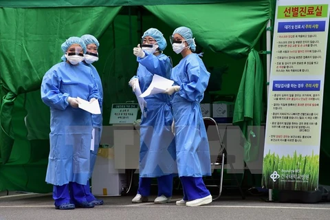 Nhân viên y tế Hàn Quốc làm việc tại trung tâm cách ly dành cho bệnh nhân MERS tại Bệnh viện Trường đại học Konkuk ở Seoul ngày 24/6. (Nguồn: AFP/TTXVN)