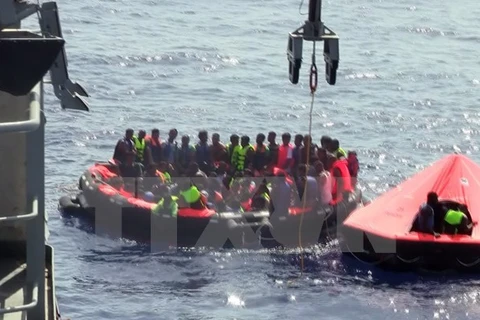 Cứu sống những người di cư bất hợp pháp trên biển Địa Trung Hải ngoài khơi Libya ngày 5/8. (Nguồn: AFP/TTXVN)