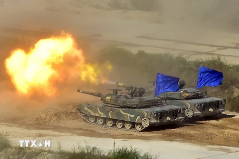 Xe tăng K1 của Hàn Quốc tham gia tập trận ở Pocheon ngày 28/8. (Nguồn: AFP/TTXVN)