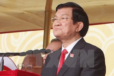 Chủ tịch nước Trương Tấn Sang đọc Diễn văn tại Lễ kỷ niệm. (Ảnh: TTXVN)