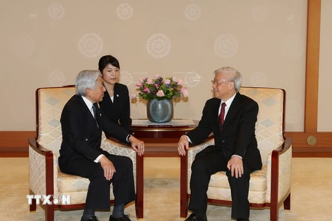 Tại Hoàng Cung ở Thủ đô Tokyo, Tổng Bí thư Nguyễn Phú Trọng hội kiến Nhật hoàng Akihito. (Ảnh: Trí Dũng/TTXVN)